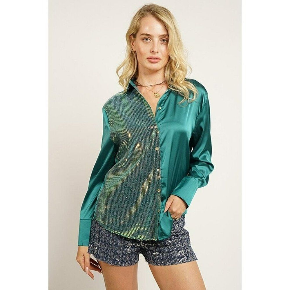 GeeGee Clothing Satin Sequin Button Up Mix Top Shirt in Emerald New S-L ST2310